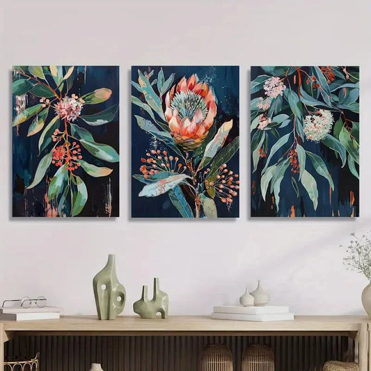 3pcs blue leaf flower art, thick oil painting Metal Print Ready to Hang Art