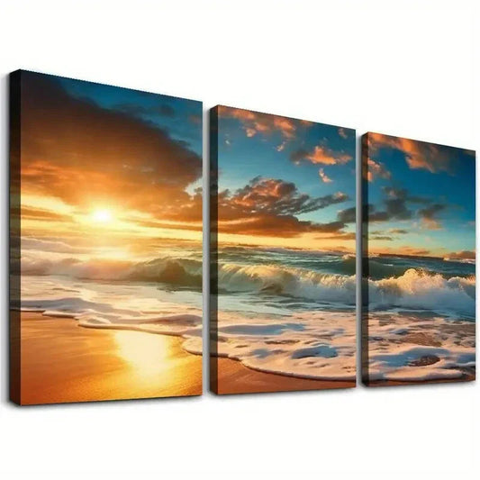 3pcs Ocean Waves & Sandy Shoreline, Modern Wall Art Set Canvas Framed 40x60cm - High Quality Print 100% Australian Made Wall Canvas Ready to Hang