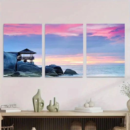3pcs Coastal Sunset Triptych Beach Hut & Ocean Metal Print Ready to Hang Art