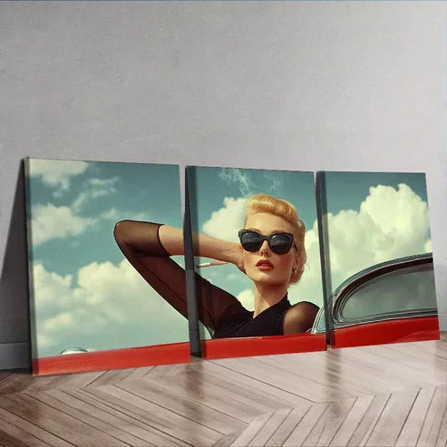 3pcs Woman in black sunglass leaning on a car Wall Art Set Canvas Framed 60x90cm - High Quality Print 100% Australian Made Wall Canvas Ready to Hang
