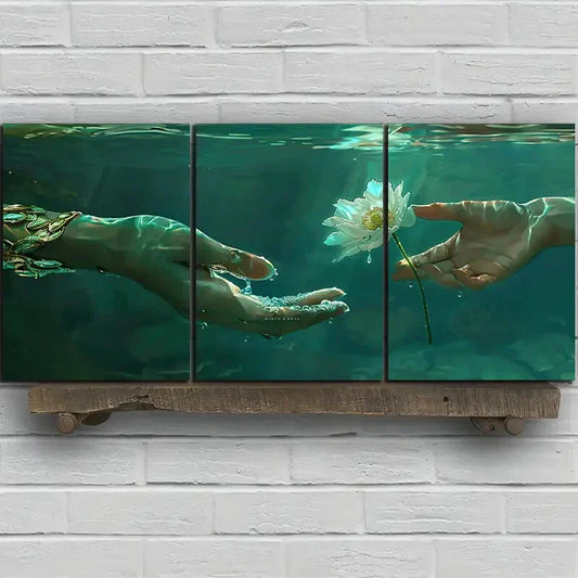 3pcs Palm Flower Two Hands Under Water Metal Print Ready to Hang Art