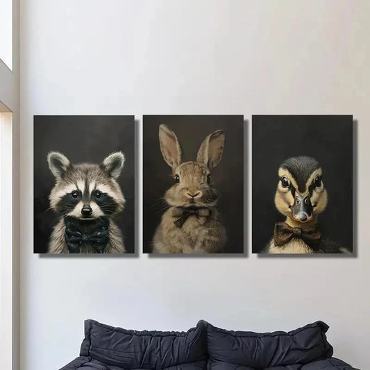 3pcs Portraits of Raccoon, Rabbit, Duckling Metal Print Ready to Hang Art