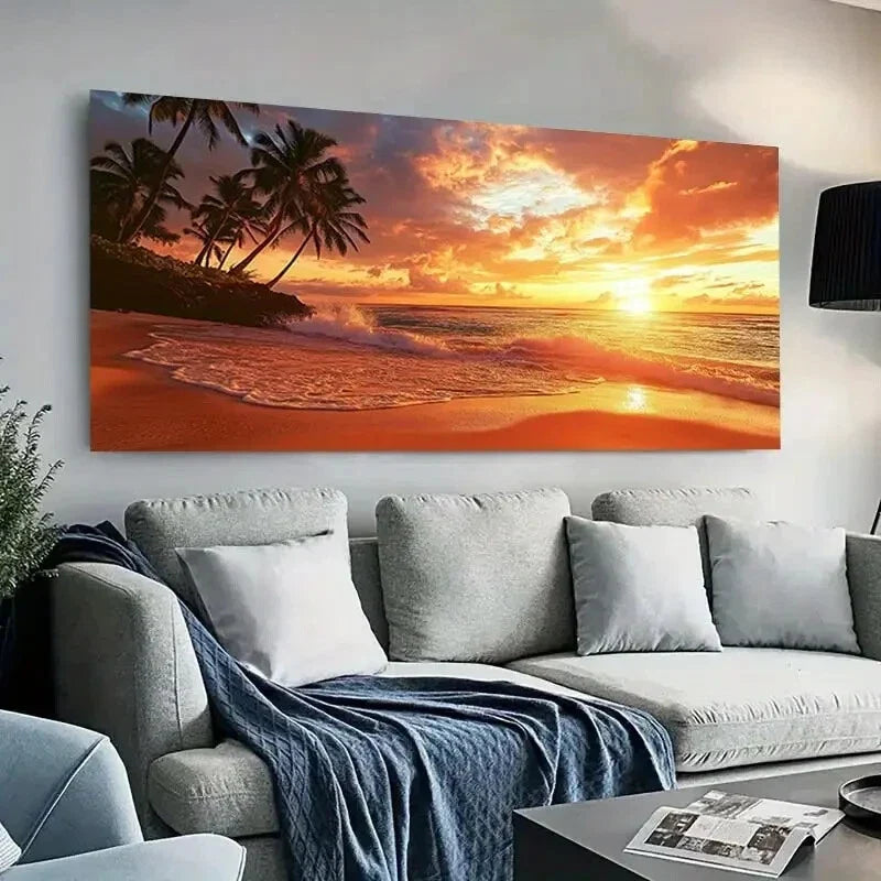 Sunset Coast Vibrant Beach wall canvas office home room framed 80x45cm
