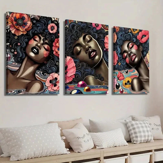 3pcs Vibrant Black Woman with Floral Headpieces Wall Art Set Canvas Framed 40x60cm - High Quality Print 100% Australian Made Wall Canvas Ready to Hang