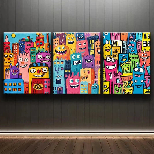 3pcs Abstract Cartoon Faces Colourful Metal Print Ready to Hang Art