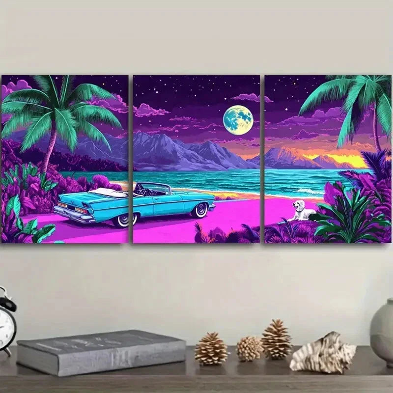 3pcs  Vibrant Tropical Miami Beach  Wall Art Set Canvas Framed 40x60cm - High Quality Print 100% Australian Made Wall Canvas Ready to Hang