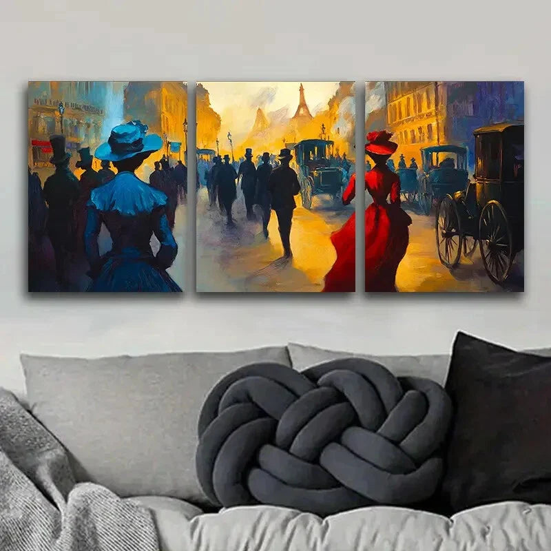 3pcs  People in the Market Art Painting Metal Print Ready to Hang Art