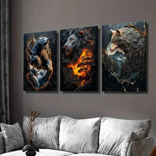 3pcs Statues of Lion Bear and Wolf Wall Art Set Canvas Framed 40x60cm - High Quality Print 100% Australian Made Wall Canvas Ready to Hang