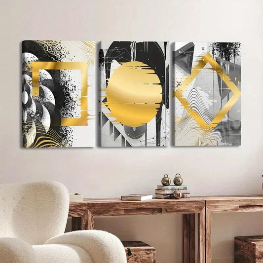 3pcs Black Gold Abstract Art Poster, Metal Print Ready to Hang Art