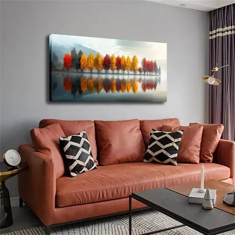 A Row Of Tree Leaves Show Red Wall Art Canvas Office Home Room Framed 120x60cm