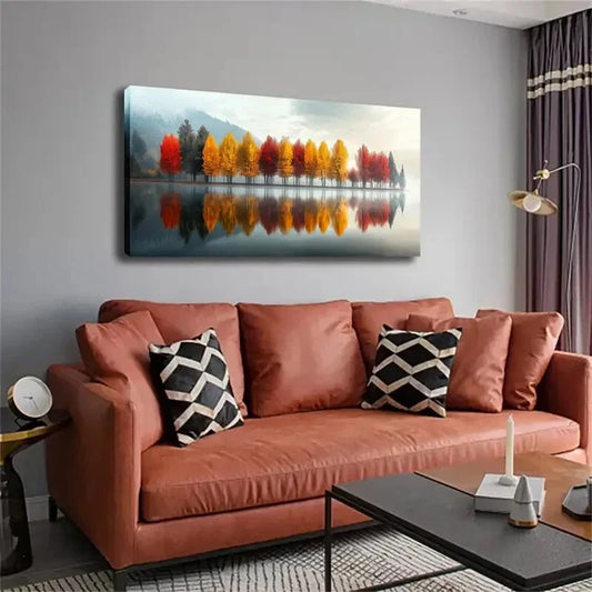 A Row Of Tree Leaves Show Red Wall Art Canvas Office Home Room Framed 120x60cm
