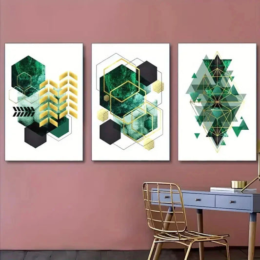3pcs Verdant And Golden Geometric Art Dormitory Metal Print Ready to Hang Art