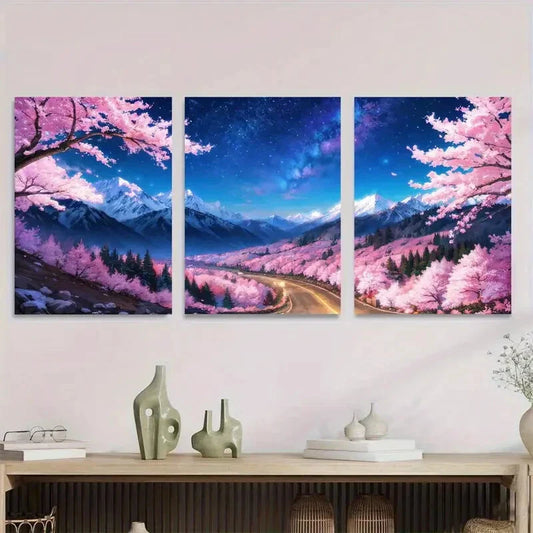 3pcs Starry Night Sky & Blooming Sakura Trees Metal Print Ready to Hang Art