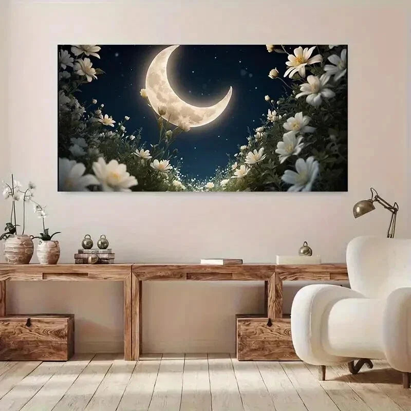 Night Stars White Flowers wall canvas office home room framed 120x60cm