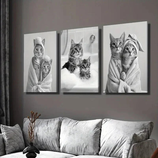 3pcs Adorable Black and White Cat Wall Art Set Canvas Framed 40x60cm - High Quality Print 100% Australian Made Wall Canvas Ready to Hang