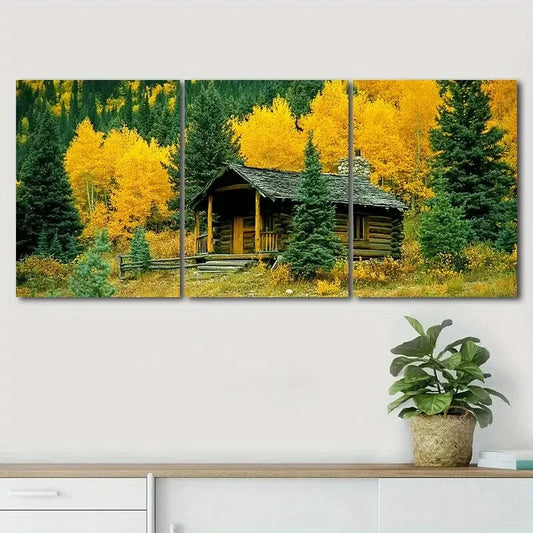 3pcs Autumn Wooden House Forest Nature Perfect Wall Art Set Canvas Framed 40x60cm - High Quality Print 100% Australian Made Wall Canvas Ready to Hang