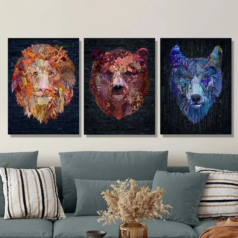 3pcs Vibrant Lion, Bear & Wolf Head Illustration Metal Print Ready to Hang Art