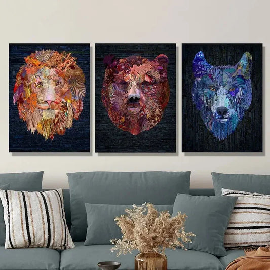 3pcs Vibrant Lion, Bear & Wolf Head Illustration Metal Print Ready to Hang Art