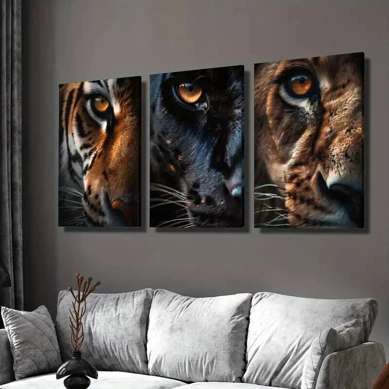 3pcs Close Up of Tiger Panther and Lion Eyes Wall Art Set Canvas Framed 40x60cm - High Quality Print 100% Australian Made Wall Canvas Ready to Hang
