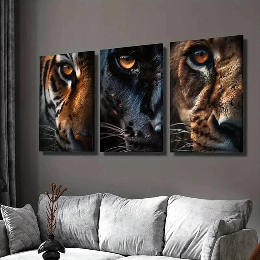 3pcs Close Up of Tiger Panther and Lion Eyes Wall Art Set Canvas Framed 40x60cm - High Quality Print 100% Australian Made Wall Canvas Ready to Hang