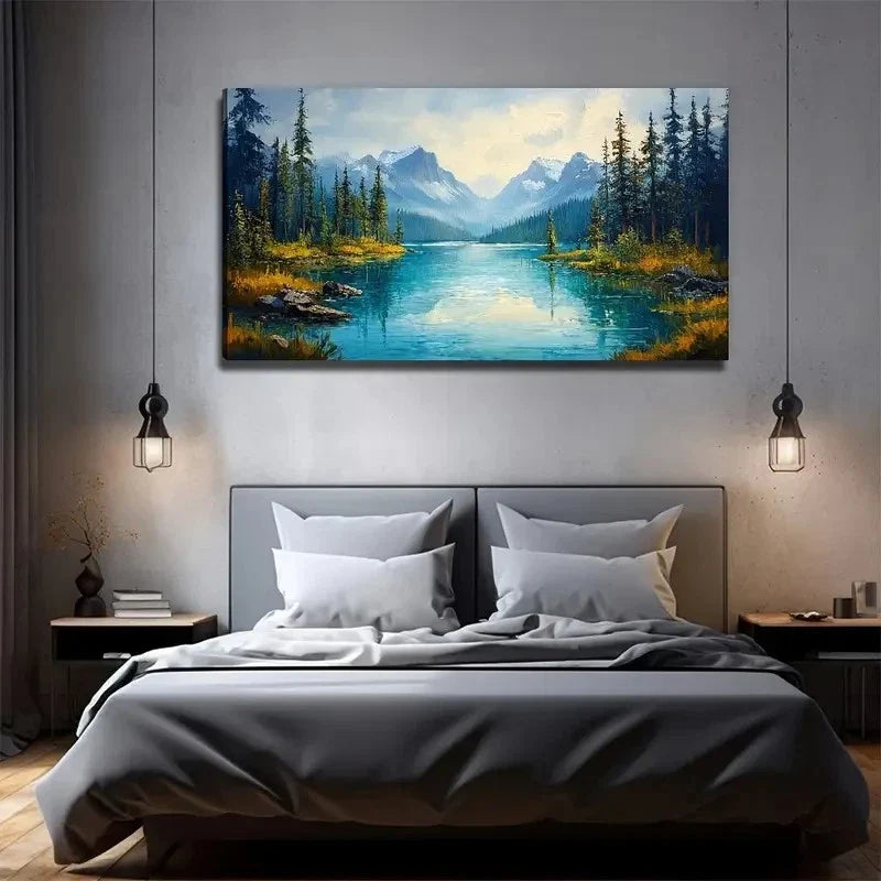 Pine Tree Lake Suitable Wall Art Canvas Office Home Room Framed 120x60cm