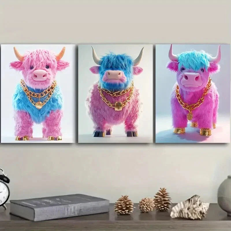 3pcs  Pink Highland Cattle Wall Art Set Canvas Framed 40x60cm - High Quality Print 100% Australian Made Wall Canvas Ready to Hang