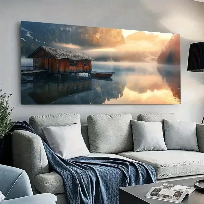Serene Mountain Lake & Cabin Wall Art Canvas Office Home Room Framed 80x45cm