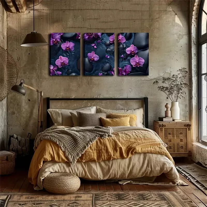 3pcs Black Pebbles & Purple Orchids Triptych Wall Art Set Canvas Framed 40x60cm - High Quality Print 100% Australian Made Wall Canvas Ready to Hang