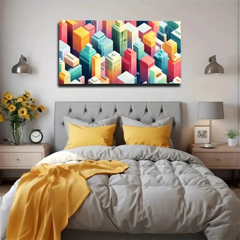 Vibrant Cityscape Colorful Wall Art Canvas Office Home Room Framed 80x45cm