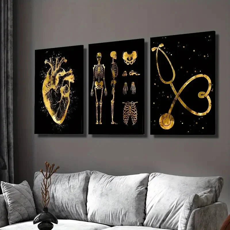 3pcs Golden Decorative Paintings with Stethoscope Wall Art Set Canvas Framed 40x60cm - High Quality Print 100% Australian Made Wall Canvas Ready to Hang