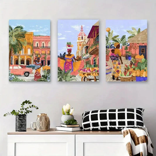 3pcs Colorful Cartagena Street Vibrant City Metal Print Ready to Hang Art