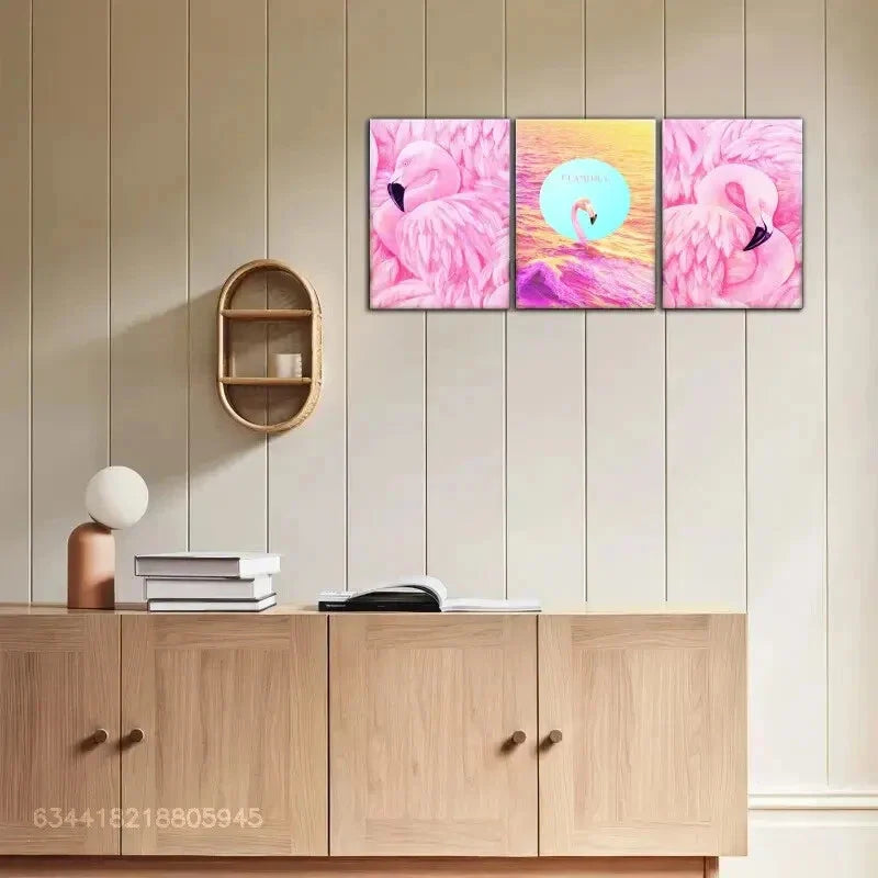 3pcs Vibrant Flamingo Series, Metal Print Ready to Hang Art