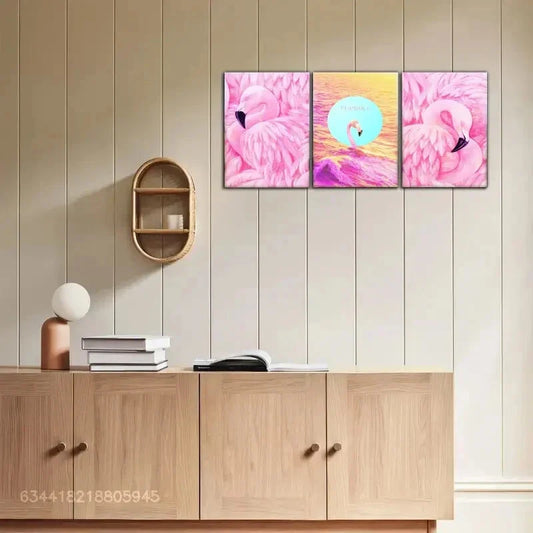 3pcs Vibrant Flamingo Series, Metal Print Ready to Hang Art