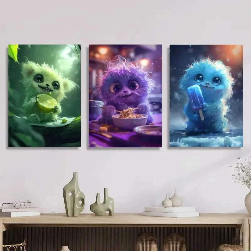 3pcs  happy little monster eating noodles Metal Print Ready to Hang Art