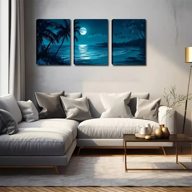 3pcs Under The Night, Coconut Trees, Beaches Wall Art Set Canvas Framed 40x60cm - High Quality Print 100% Australian Made Wall Canvas Ready to Hang