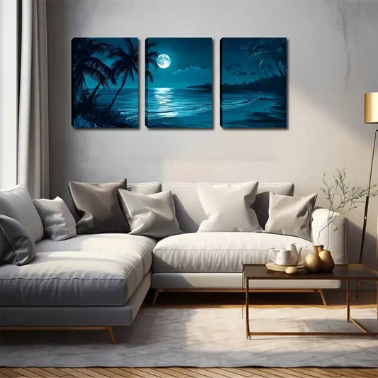 3pcs Under The Night, Coconut Trees, Beaches Wall Art Set Canvas Framed 40x60cm - High Quality Print 100% Australian Made Wall Canvas Ready to Hang