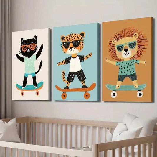 3pcs Funny Cartoon Cheetah Cat Lion Illustration Wall Art Set Canvas Framed 40x60cm - High Quality Print 100% Australian Made Wall Canvas Ready to Hang