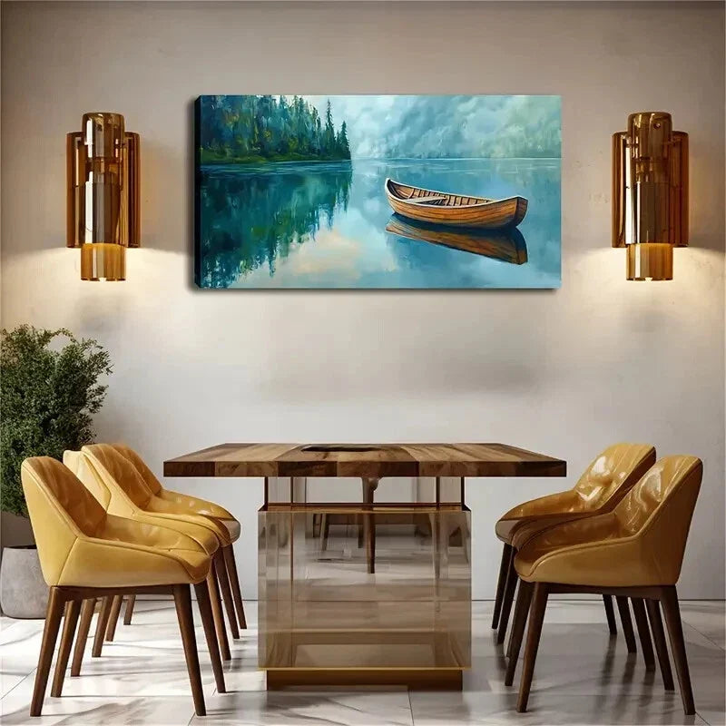 Realistic Serene Lake Boat Wall Art Canvas Office Home Room Framed 120x60cm