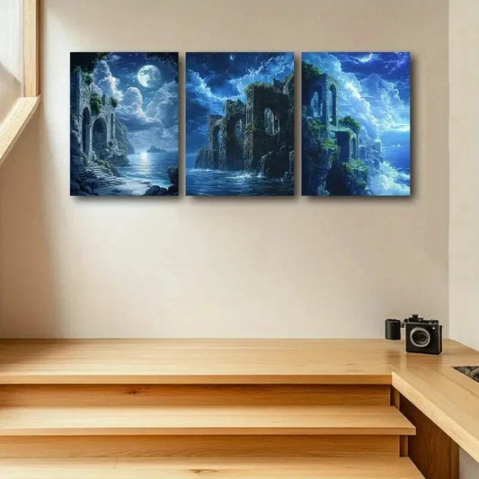 3pcs Seaside site with Moon View Design Metal Print Ready to Hang Art
