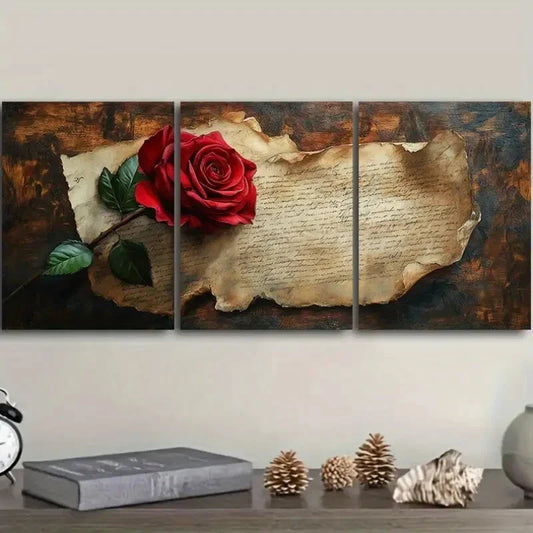 3pcs Modern Rose & Hand Letter Metal Print Ready to Hang Art