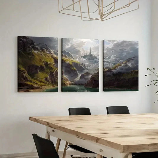 3pcs Fantasy Mountain Valley Scene Wall Art Set Canvas Framed 40x60cm - High Quality Print 100% Australian Made Wall Canvas Ready to Hang