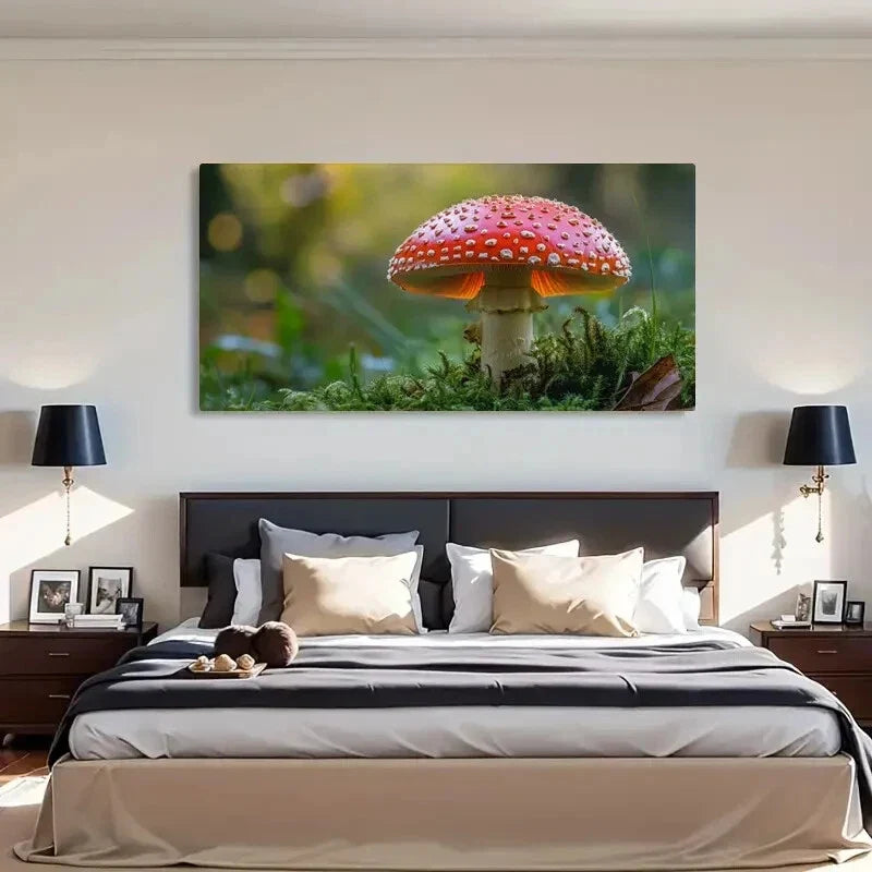 Mushroom Red & White Natural Wall Art Canvas Office Home Room Framed 80x45cm