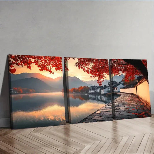 3pcs Jiangnan, ancient town With Trees Wall Art Set Canvas Framed 40x60cm - High Quality Print 100% Australian Made Wall Canvas Ready to Hang