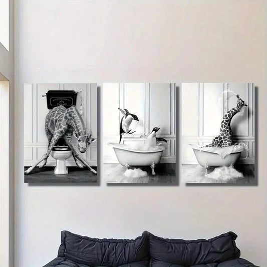 3pcs Black & White Animal Penguin & Giraffe Metal Print Ready to Hang Art