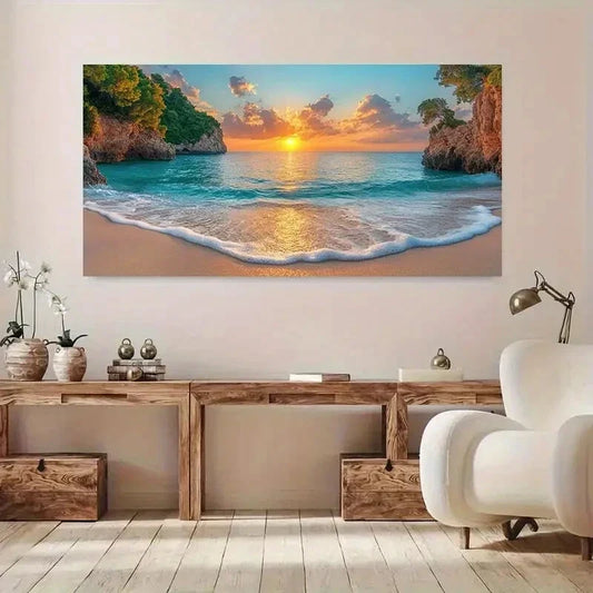 Vibrant Sunset Beach Sky wall canvas office home room framed 120x60cm