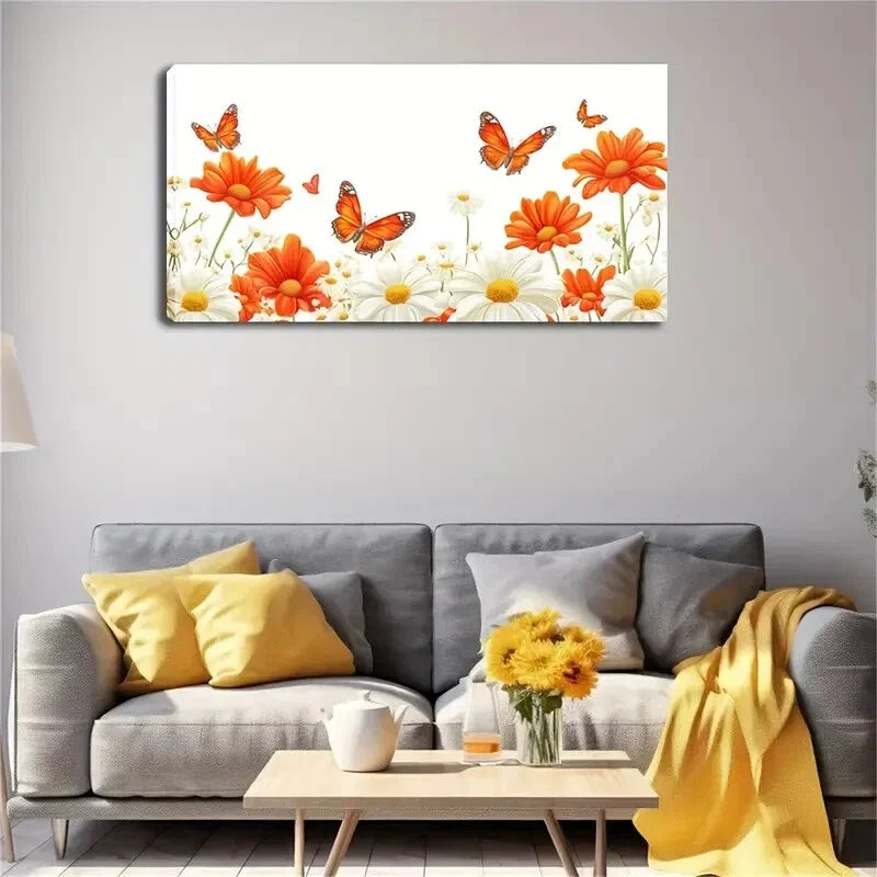 Vibrant Orange & White Daisies Wall Art Canvas Office Home Room Framed 120x60cm