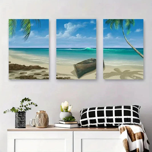 3pcs Tranquil Beach & Palm Tree Sandy Shore Metal Print Ready to Hang Art