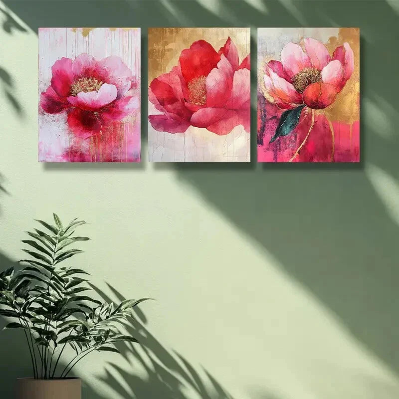 3pcs Pink peony flower Music  Metal Print Ready to Hang Art