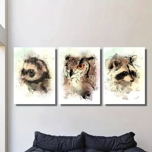 3pcs Watercolor Ferret Raccoon Owl, Animal   Metal Print Ready to Hang Art