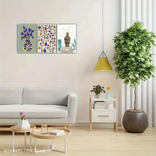3pcs Sarawak pottery, Enchanting Blooms Metal Print Ready to Hang Art